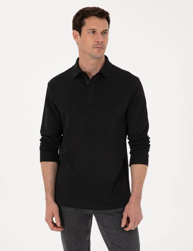Siyah Regular Fit %100 Pamuk 3 İplik Polo Yaka Sweatshirt