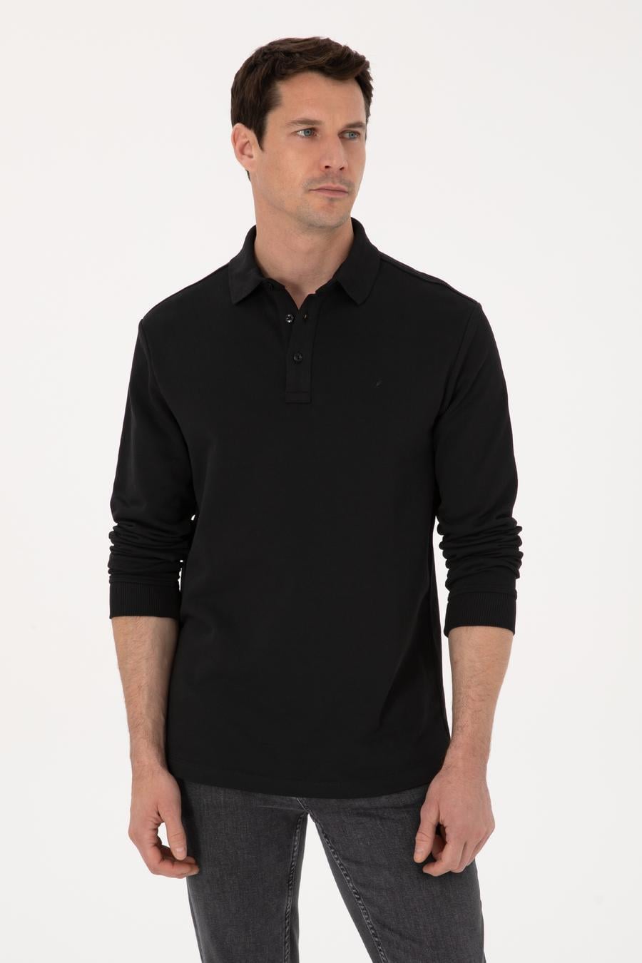 Siyah Regular Fit %100 Pamuk 3 İplik Polo Yaka Sweatshirt - 50318960002