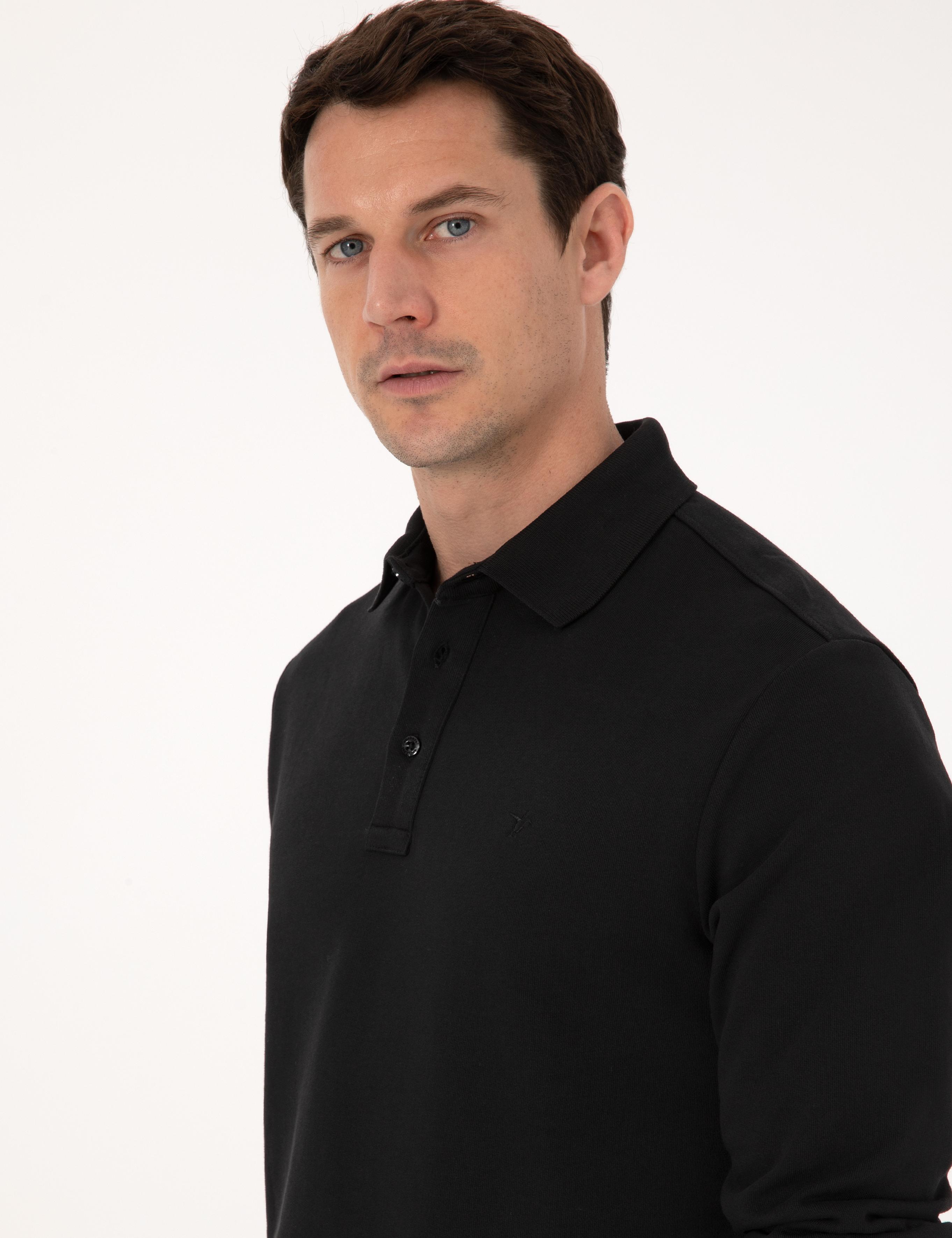 Siyah Regular Fit %100 Pamuk 3 İplik Polo Yaka Sweatshirt - 50318960002