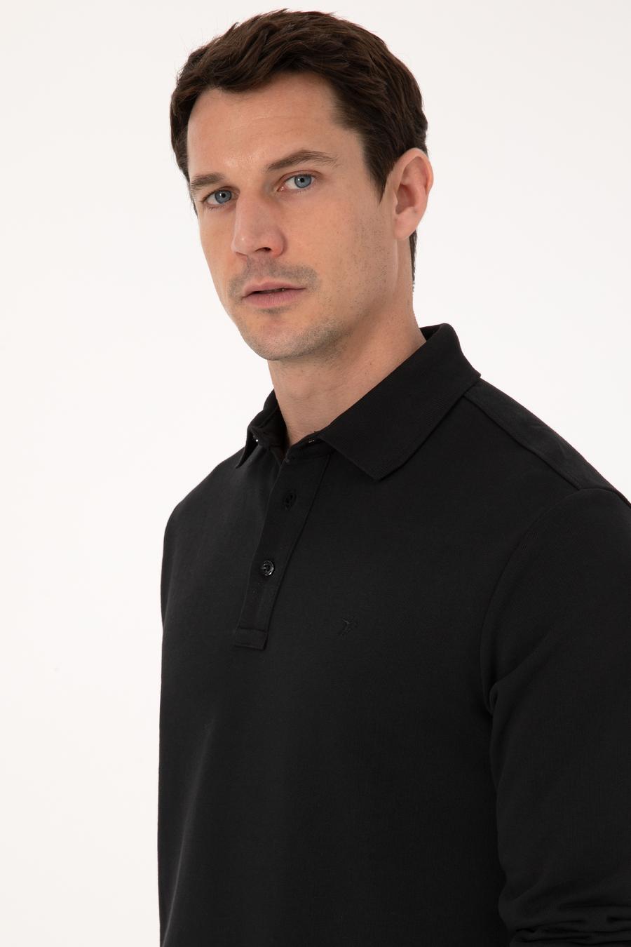 Siyah Regular Fit %100 Pamuk 3 İplik Polo Yaka Sweatshirt - 50318960002