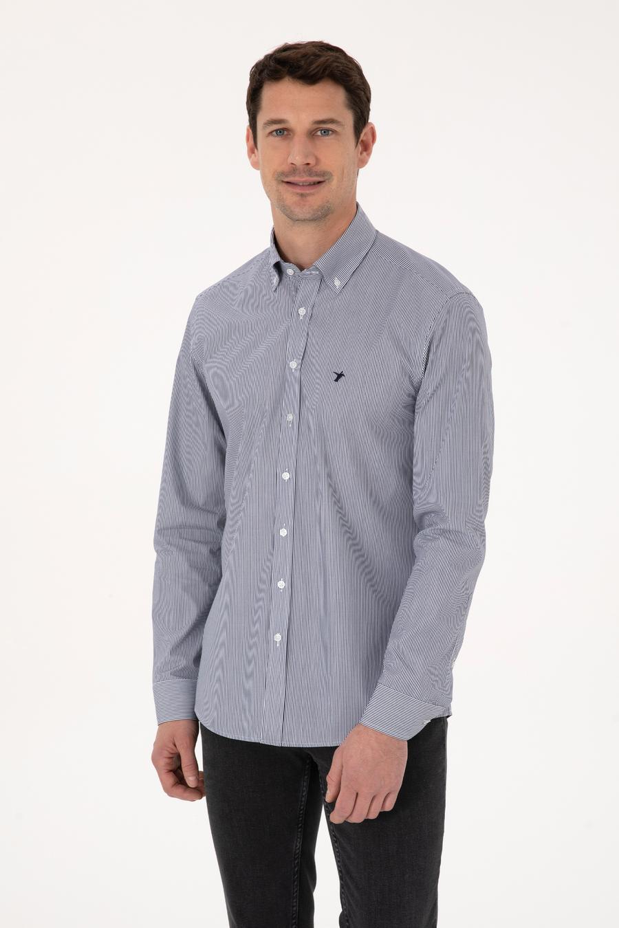 Lacivert Slim Fit %100 Pamuk Yakası Düğmeli Çizgili Oxford Gömlek - 50317994021