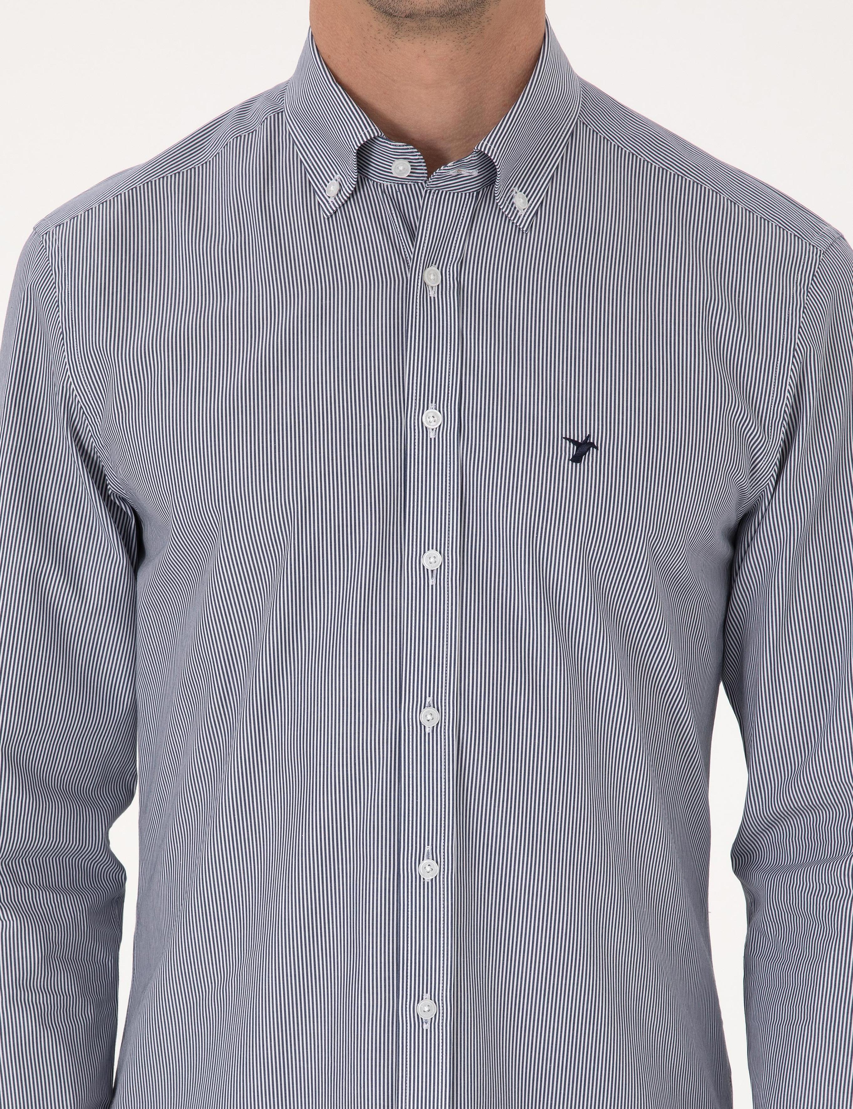 Lacivert Slim Fit %100 Pamuk Yakası Düğmeli Çizgili Oxford Gömlek - 50317994021