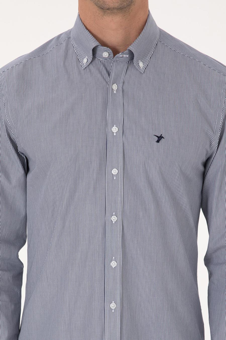Lacivert Slim Fit %100 Pamuk Yakası Düğmeli Çizgili Oxford Gömlek - 50317994021
