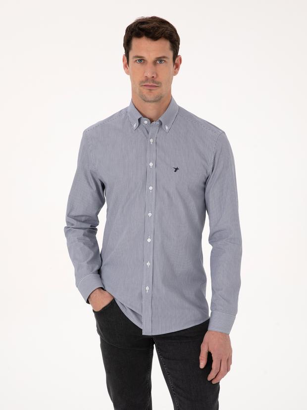 Lacivert Slim Fit %100 Pamuk Yakası Düğmeli Çizgili Oxford Gömlek