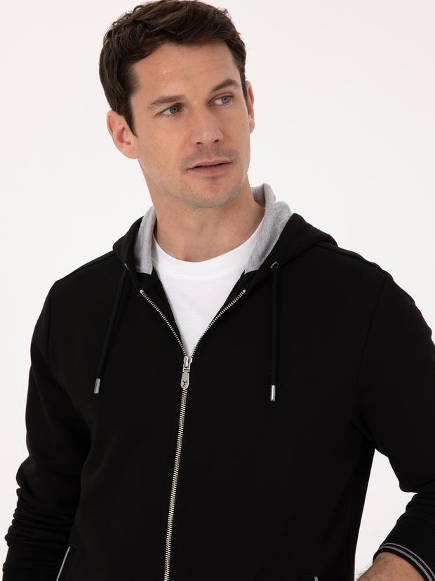 Siyah Regular Fit Pamuk Karışımlı Tam Fermuarlı Kapüşonlu Sweatshirt