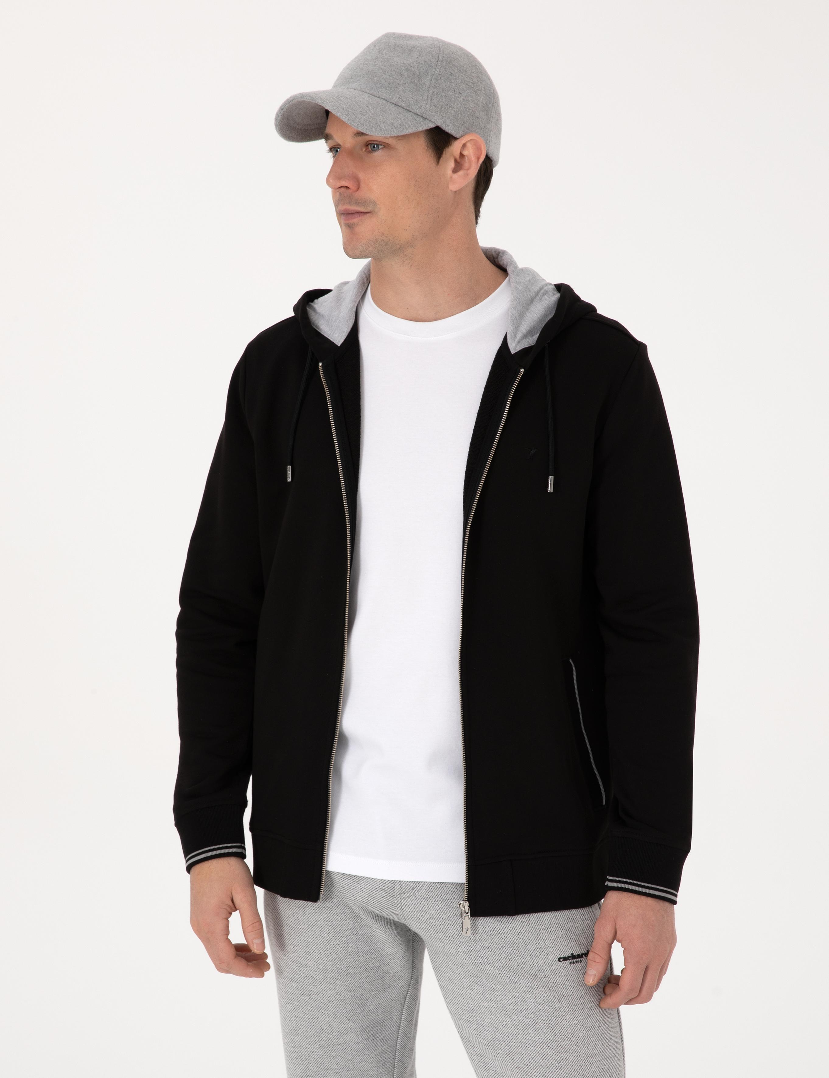 Siyah Regular Fit Pamuk Karışımlı Tam Fermuarlı Kapüşonlu Sweatshirt - 50318867019