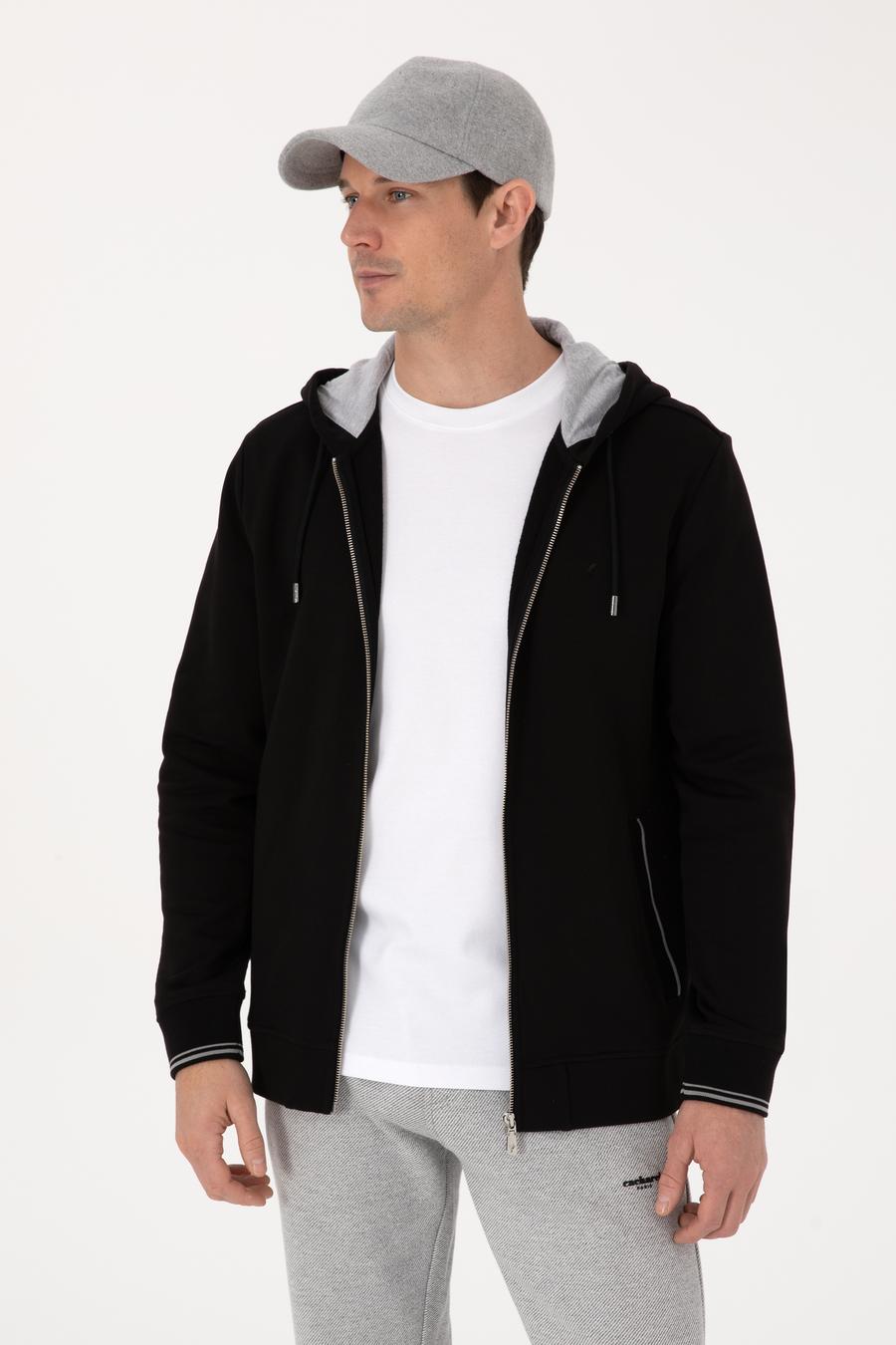 Siyah Regular Fit Pamuk Karışımlı Tam Fermuarlı Kapüşonlu Sweatshirt - 50318867019