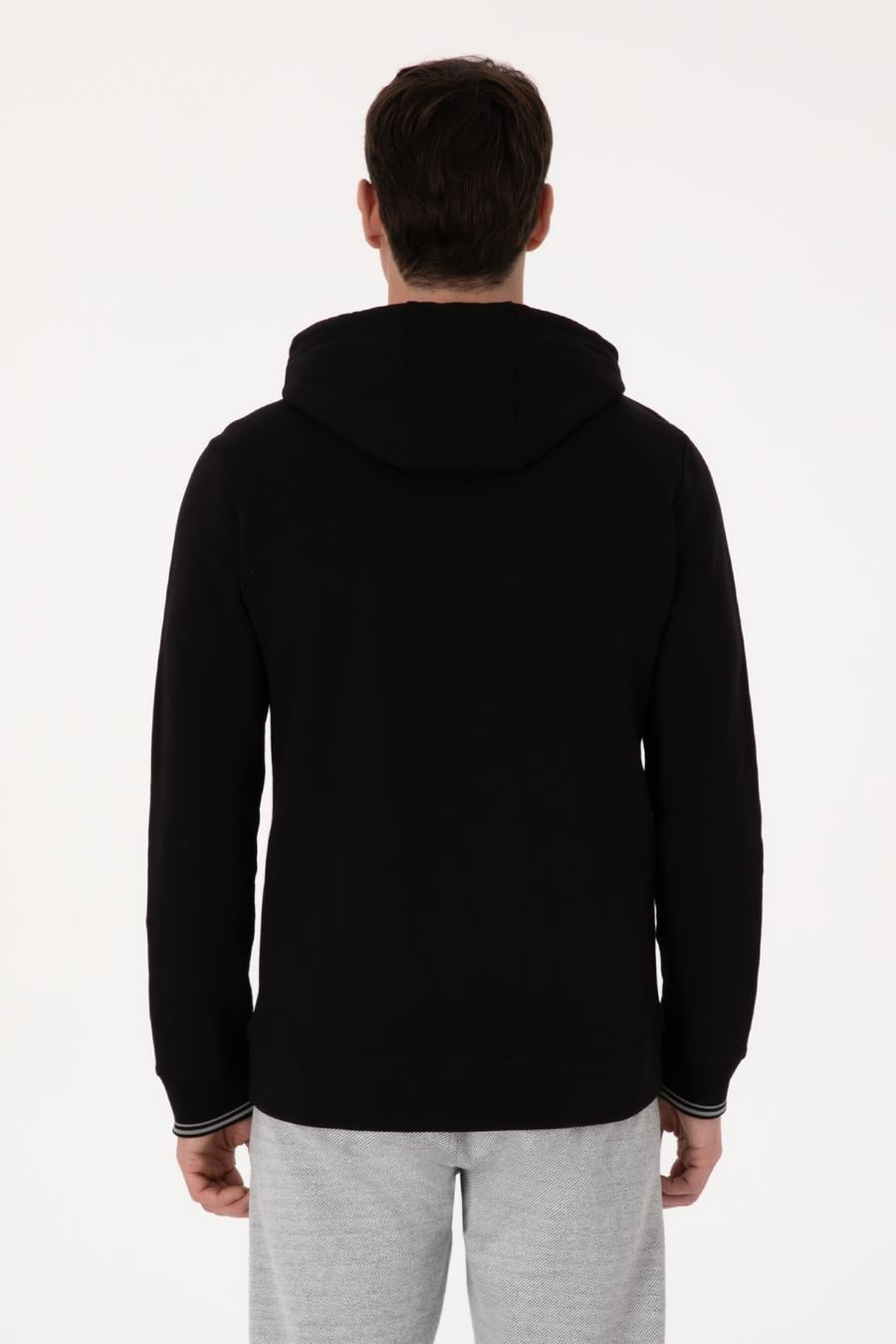 Siyah Regular Fit Pamuk Karışımlı Tam Fermuarlı Kapüşonlu Sweatshirt - 50318867019