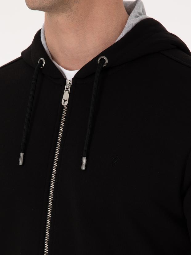 Siyah Regular Fit Pamuk Karışımlı Tam Fermuarlı Kapüşonlu Sweatshirt
