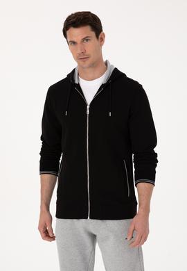Siyah Regular Fit Pamuk Karışımlı Tam Fermuarlı Kapüşonlu Sweatshirt