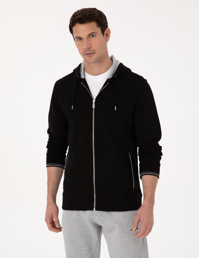 Siyah Regular Fit Pamuk Karışımlı Tam Fermuarlı Kapüşonlu Sweatshirt