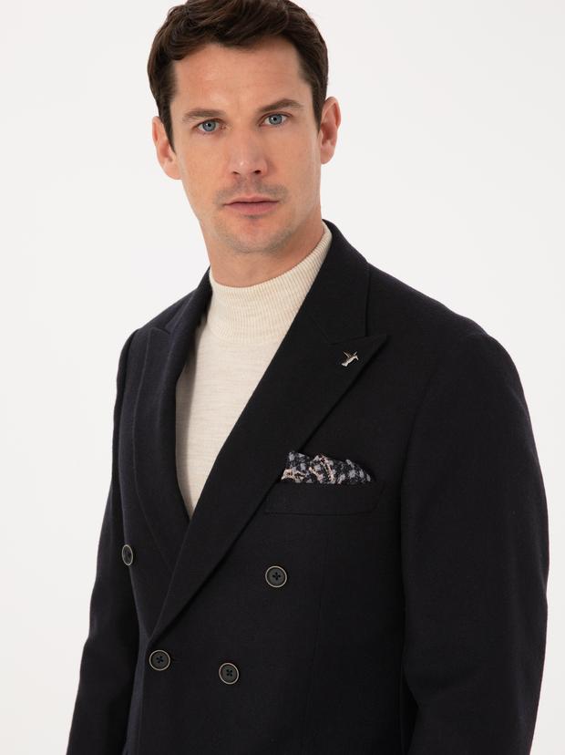 Siyah Slim Fit Yün Karışımlı Kruvaze Ceket
