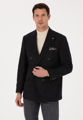 Siyah Slim Fit Yün Karışımlı Kruvaze Ceket