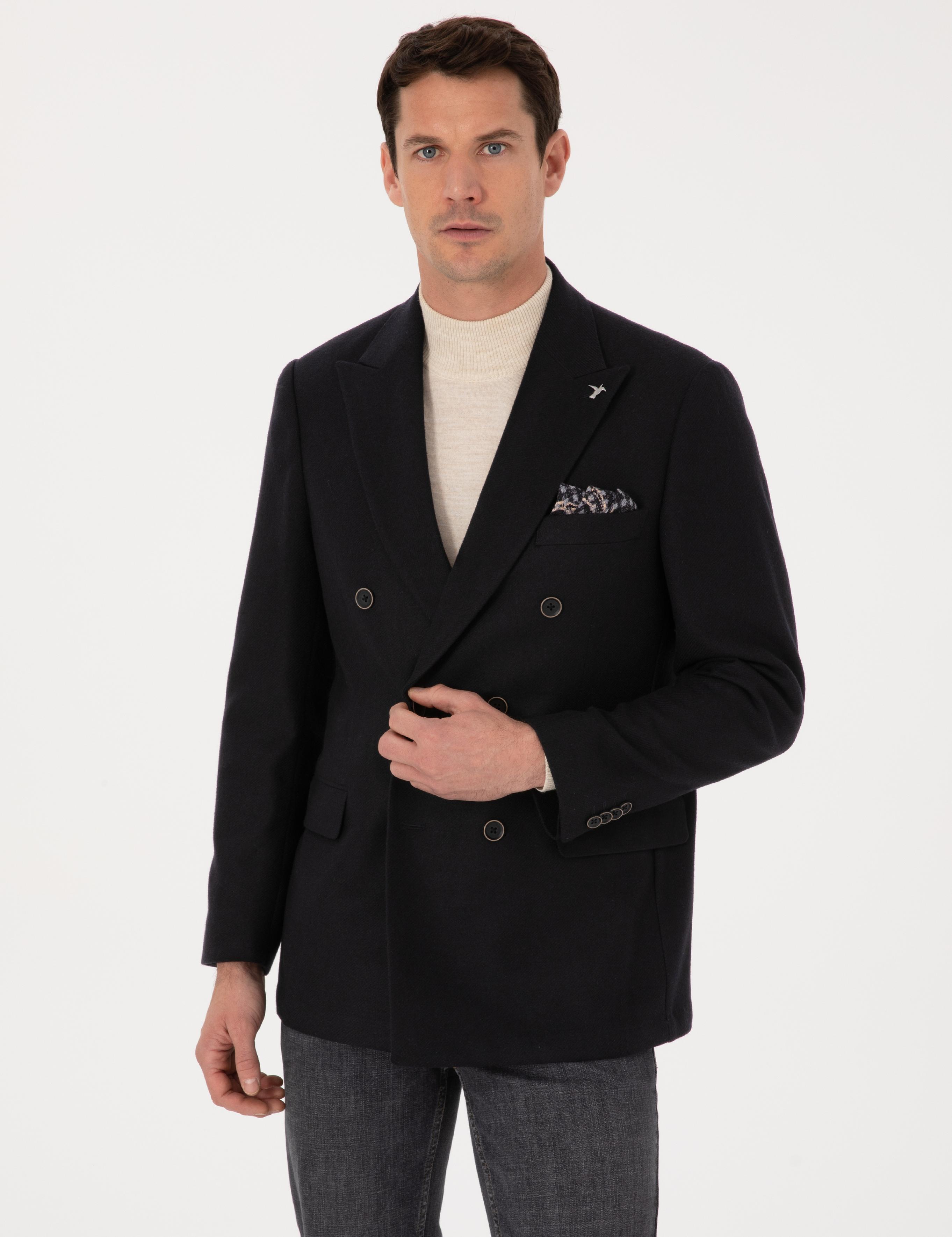 Siyah Slim Fit Yün Karışımlı Kruvaze Ceket - 50310755020