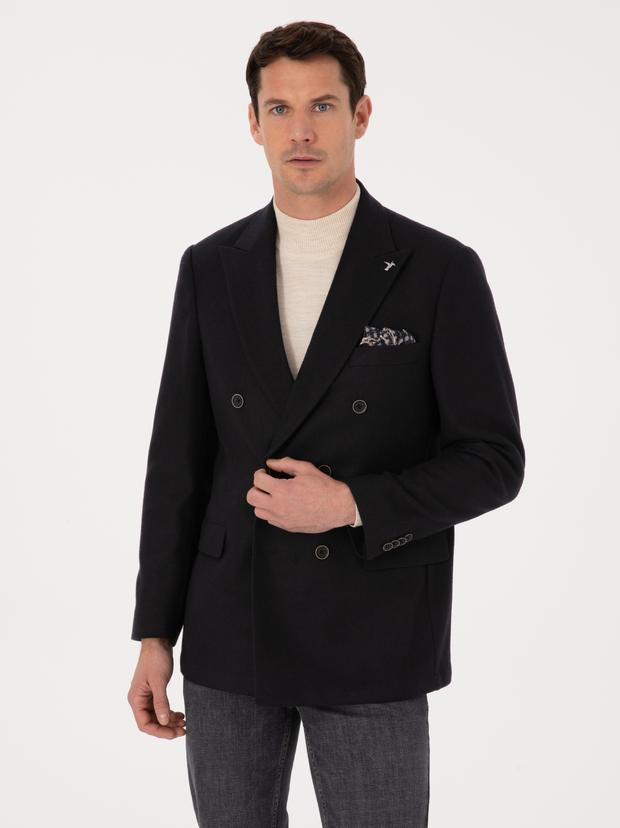 Siyah Slim Fit Yün Karışımlı Kruvaze Ceket
