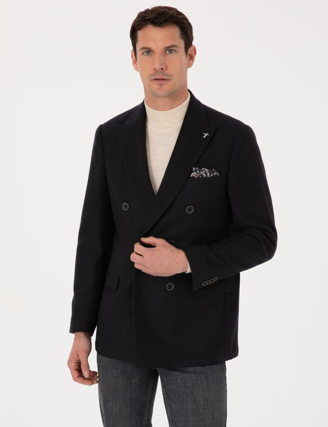 Siyah Slim Fit Yün Karışımlı Kruvaze Ceket