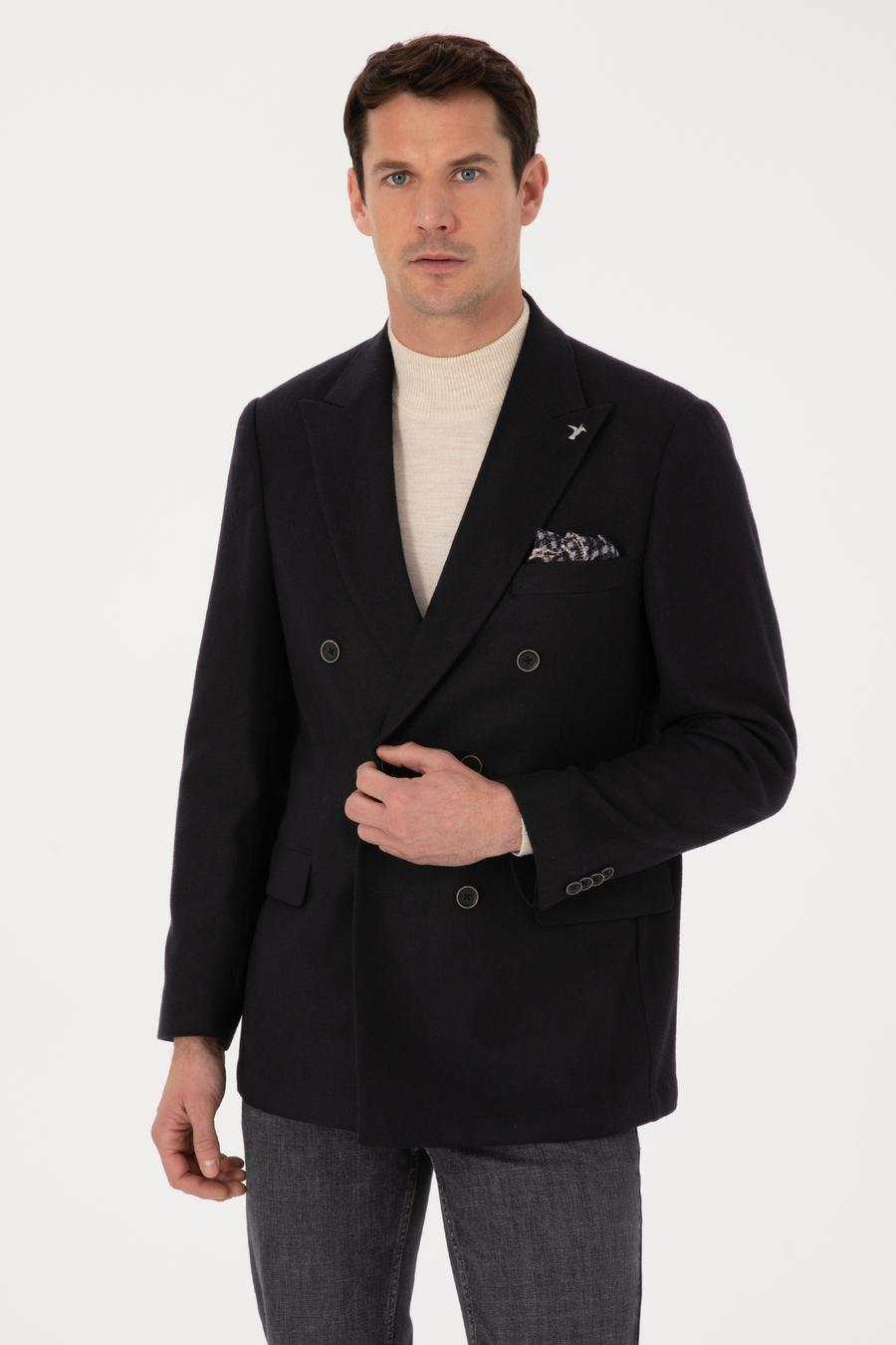 Siyah Slim Fit Yün Karışımlı Kruvaze Ceket - 50310755020