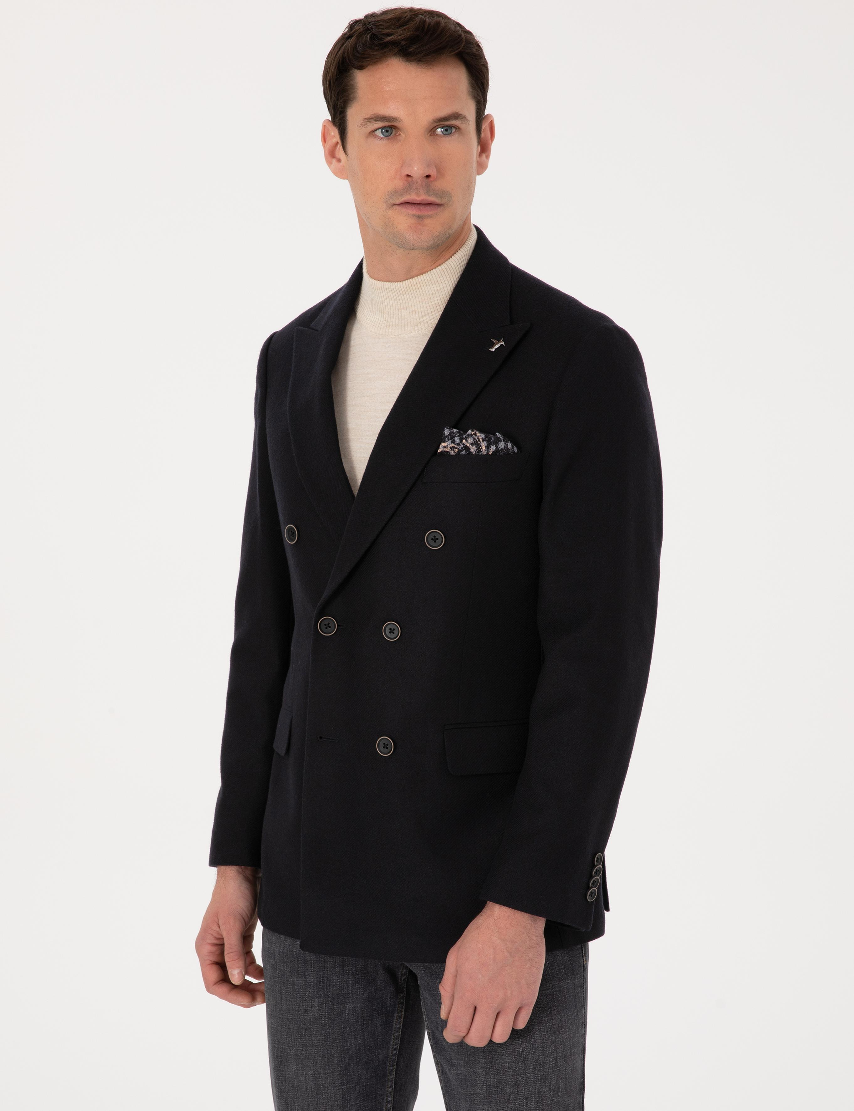 Siyah Slim Fit Yün Karışımlı Kruvaze Ceket - 50310755020