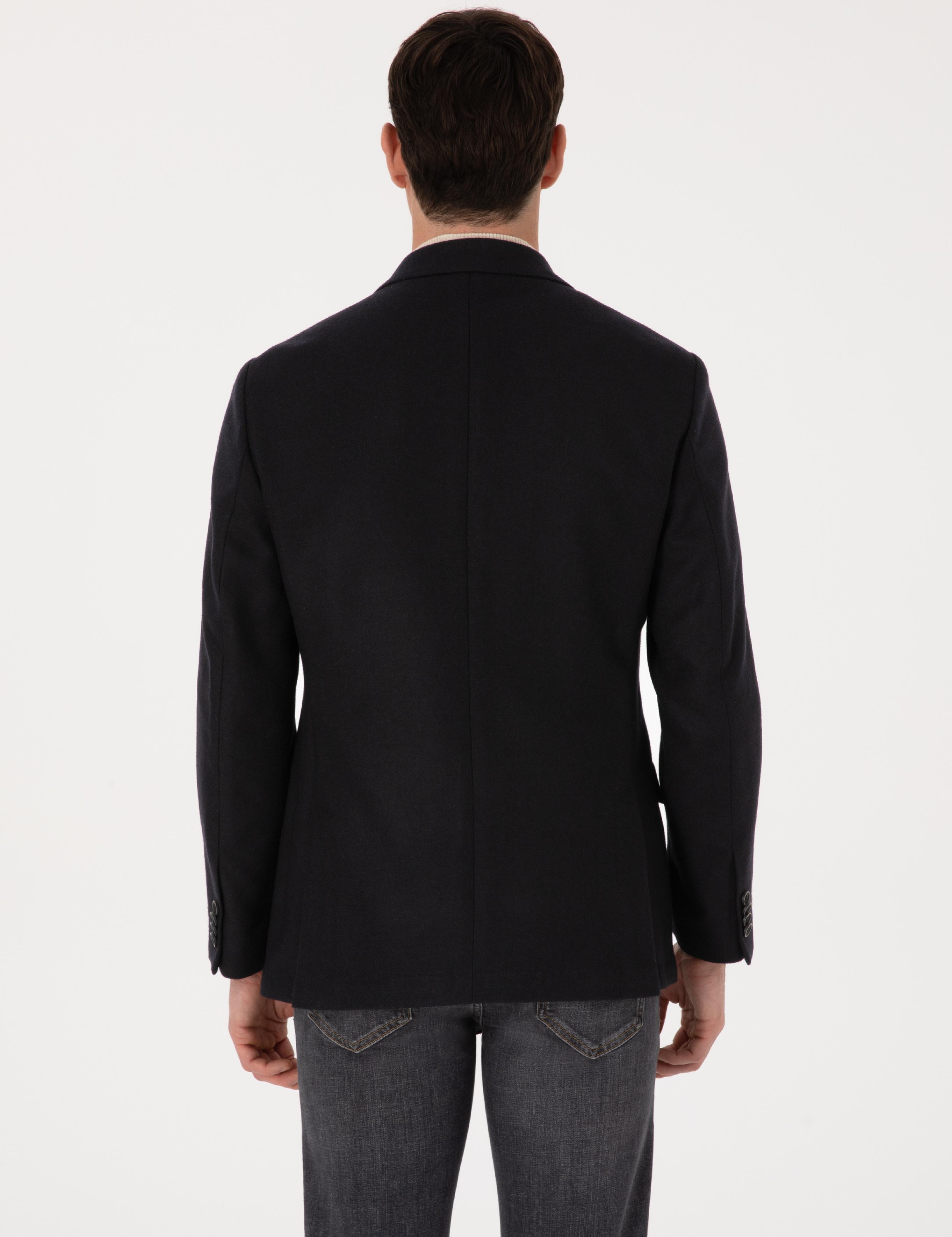 Siyah Slim Fit Yün Karışımlı Kruvaze Ceket - 50310755020