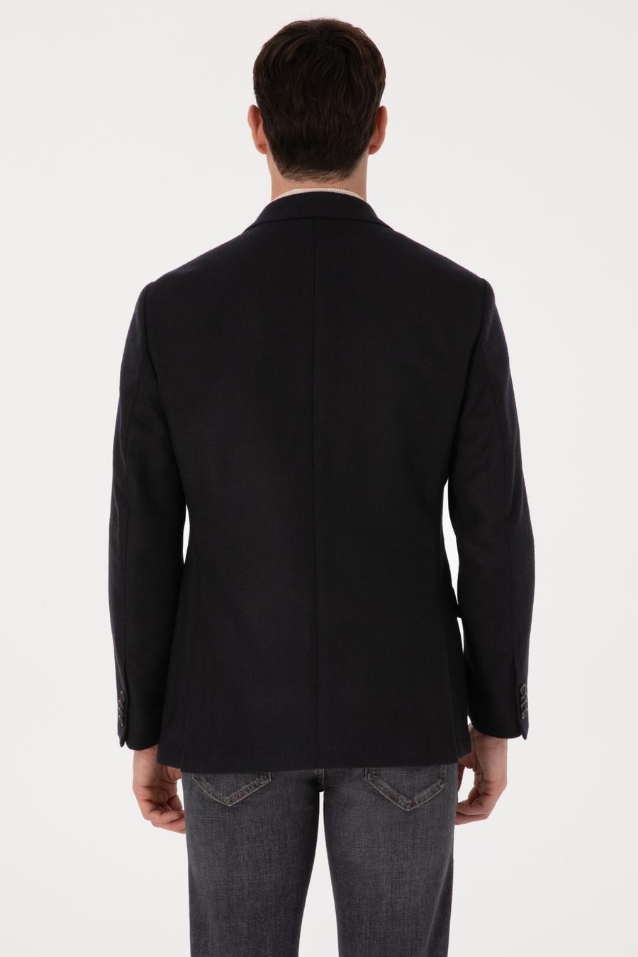 Siyah Slim Fit Yün Karışımlı Kruvaze Ceket - 50310755020