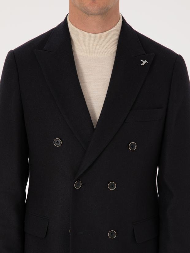Siyah Slim Fit Yün Karışımlı Kruvaze Ceket