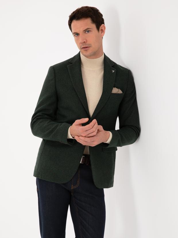 Haki Slim Fit Yün Karışımlı Mikro Desenli Ceket