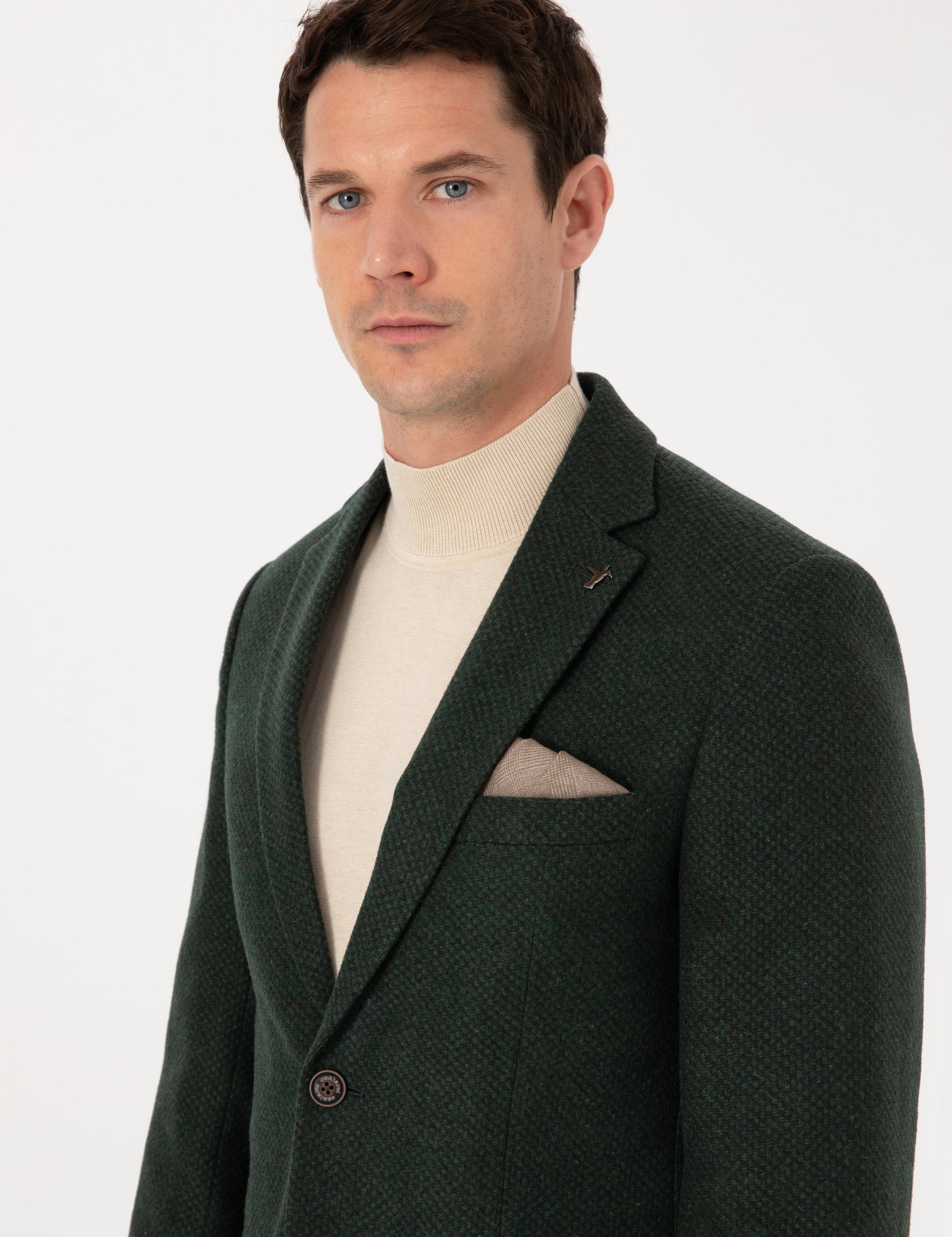 Haki Slim Fit Yün Karışımlı Mikro Desenli Ceket - 50310771089