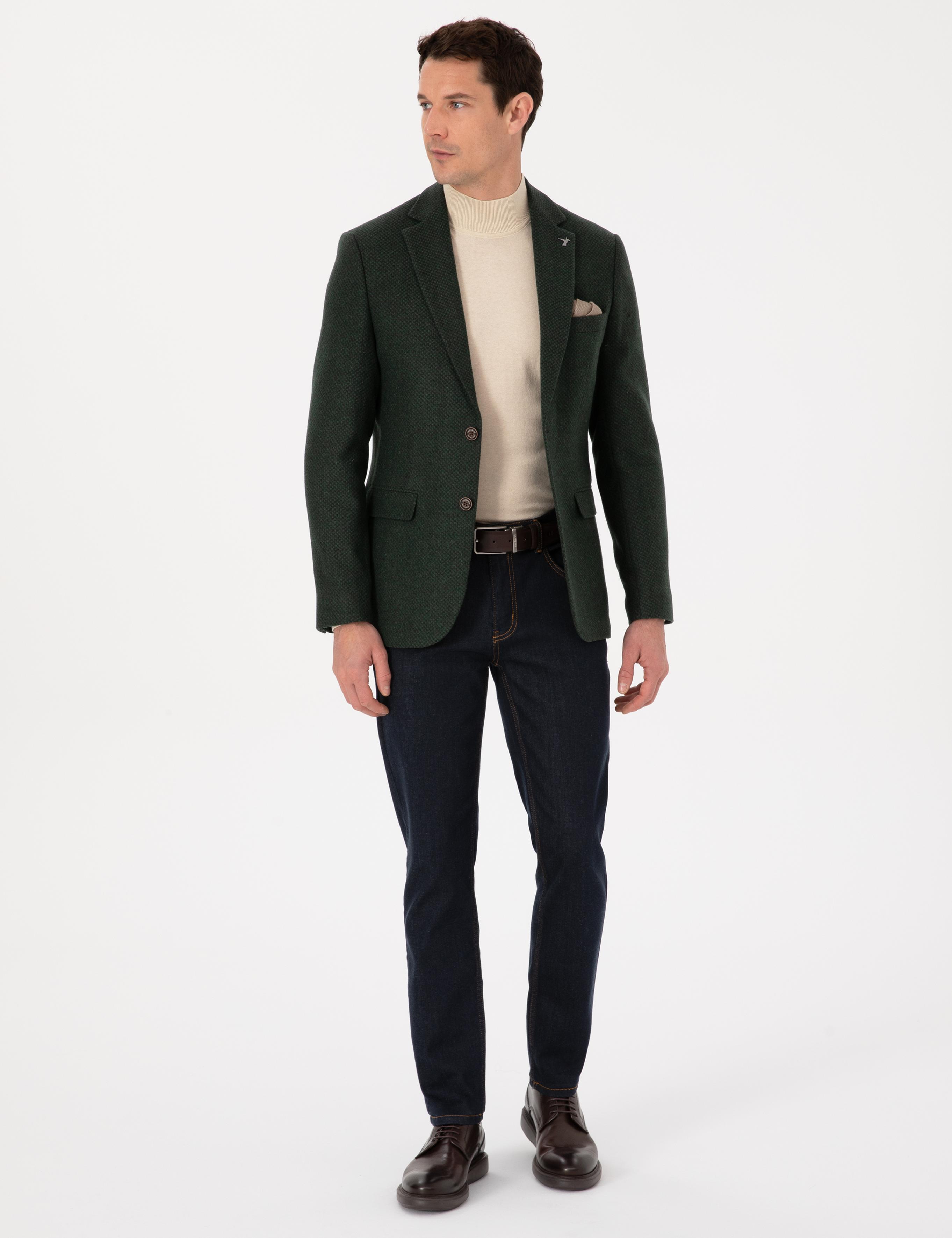 Haki Slim Fit Yün Karışımlı Mikro Desenli Ceket - 50310771089