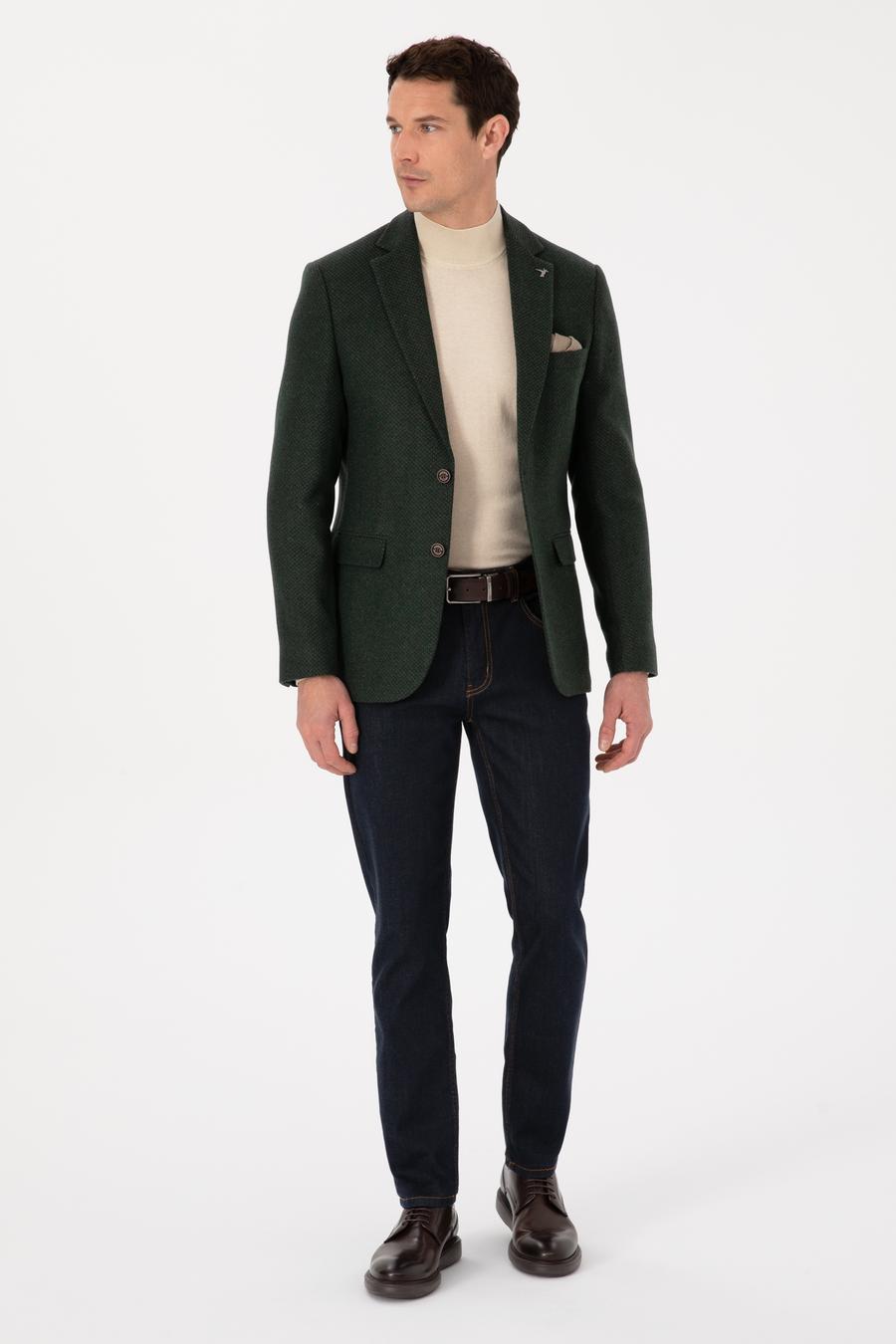 Haki Slim Fit Yün Karışımlı Mikro Desenli Ceket - 50310771089