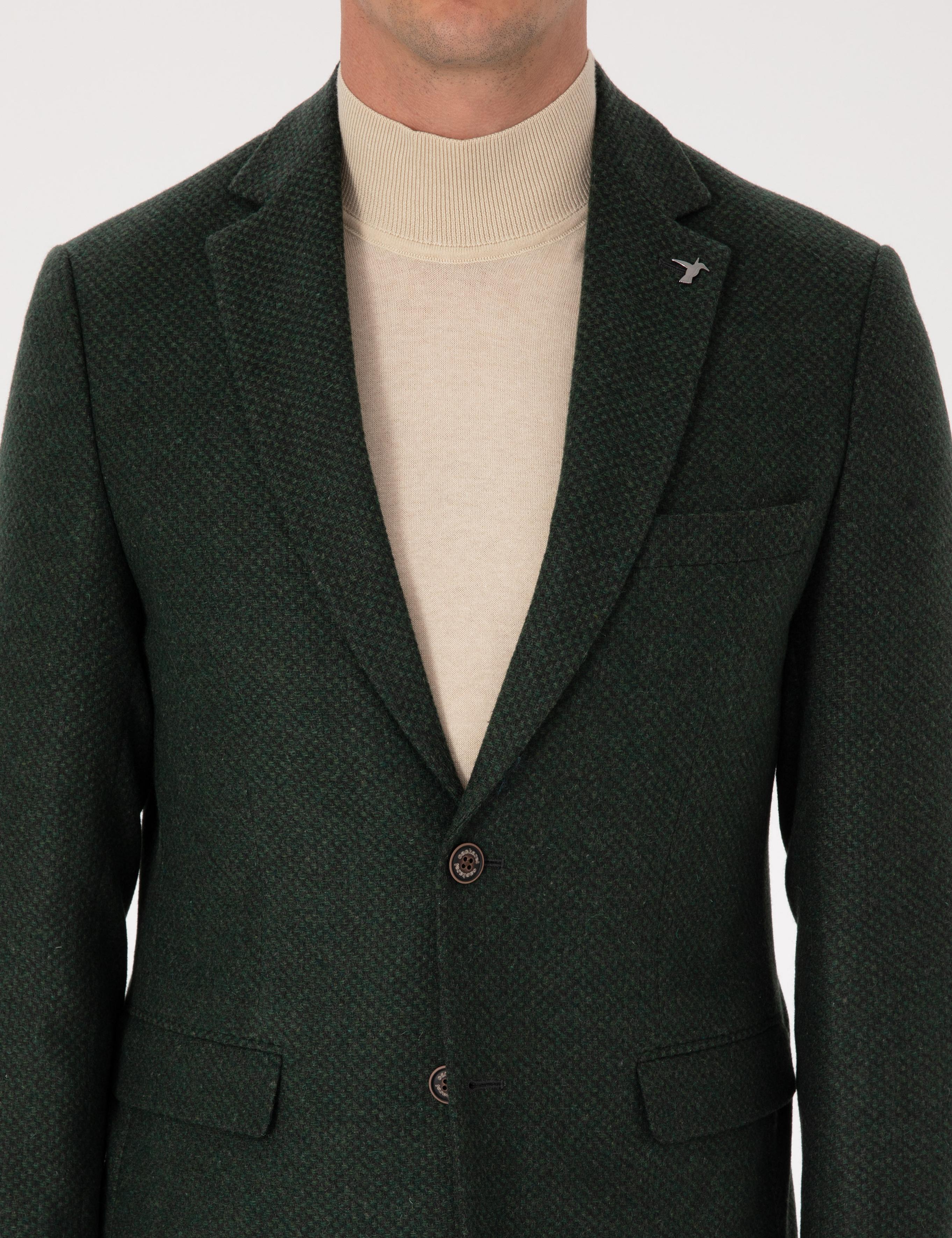 Haki Slim Fit Yün Karışımlı Mikro Desenli Ceket - 50310771089