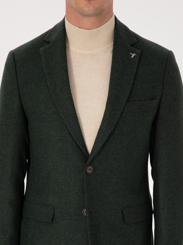 Haki Slim Fit Yün Karışımlı Mikro Desenli Ceket
