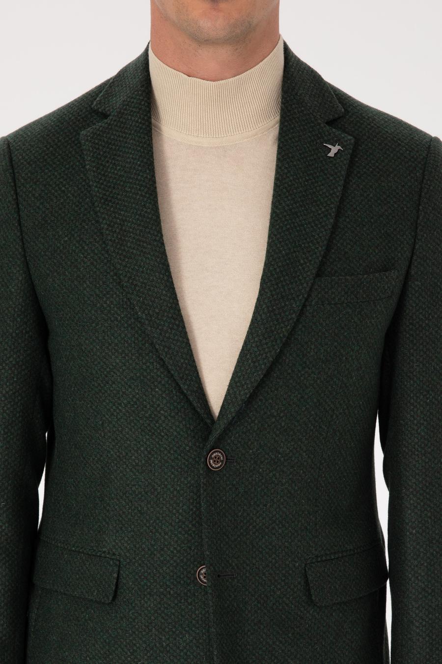 Haki Slim Fit Yün Karışımlı Mikro Desenli Ceket - 50310771089
