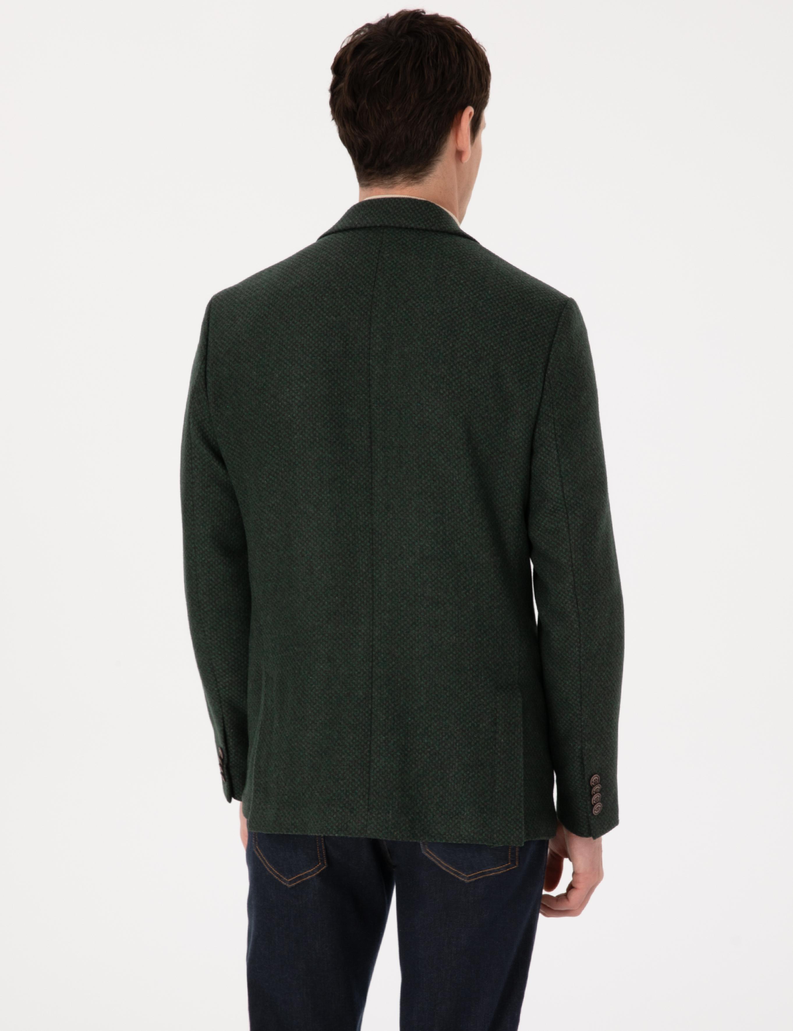 Haki Slim Fit Yün Karışımlı Mikro Desenli Ceket - 50310771089