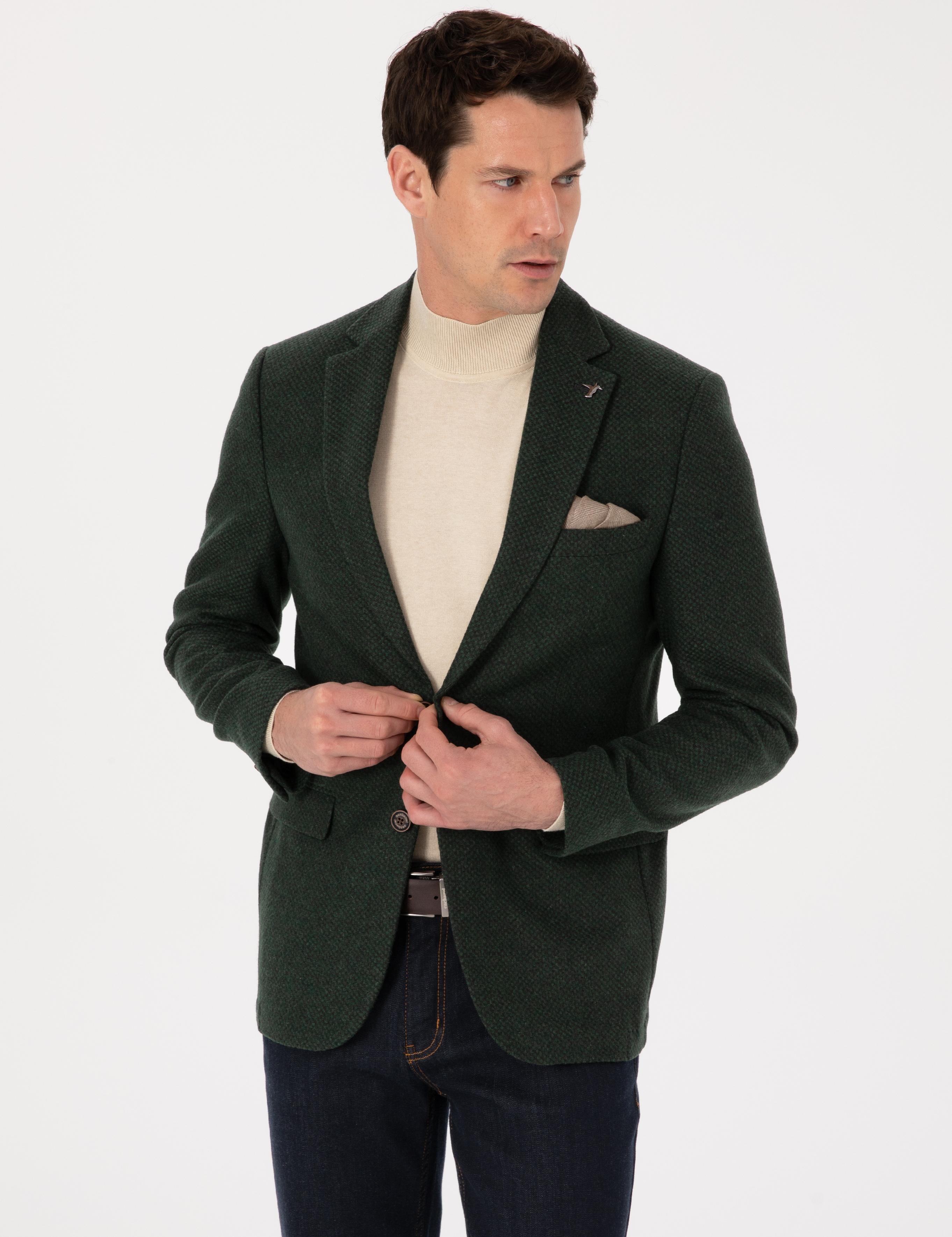 Haki Slim Fit Yün Karışımlı Mikro Desenli Ceket - 50310771089