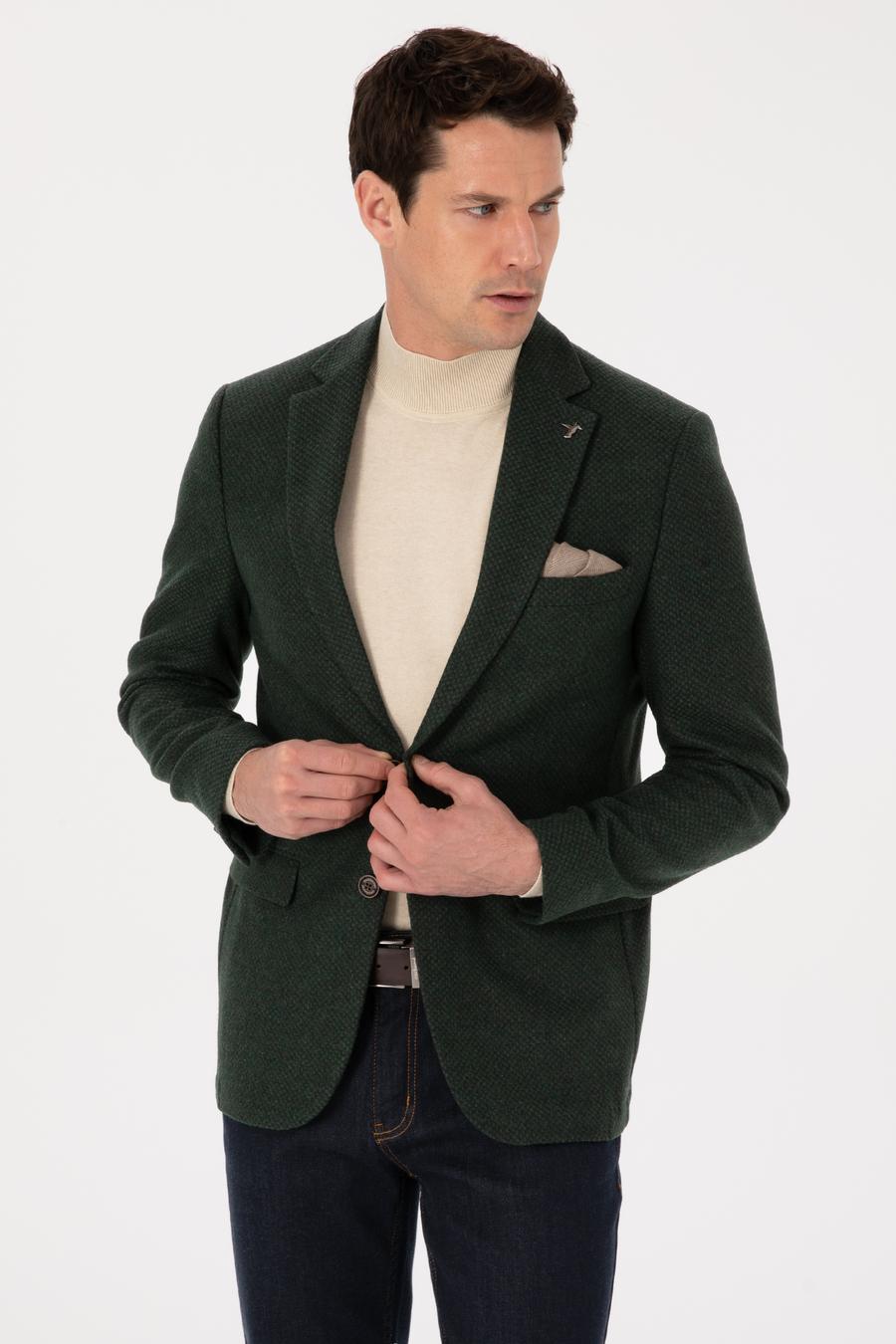 Haki Slim Fit Yün Karışımlı Mikro Desenli Ceket - 50310771089