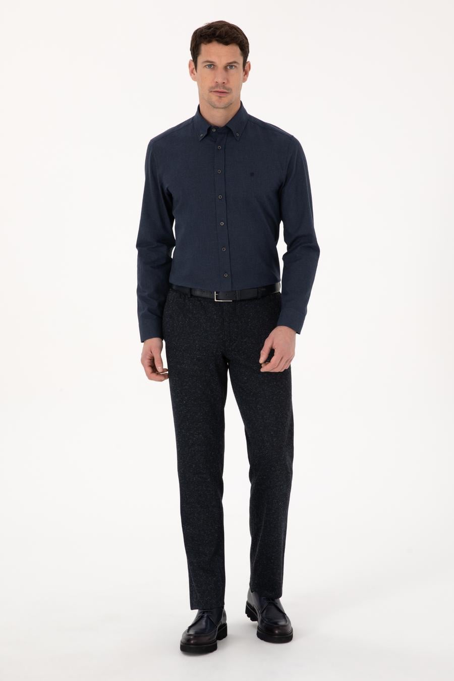 Lacivert Slim Fit %100 Pamuk Yakası Düğmeli Flanel Gömlek - 50313122136