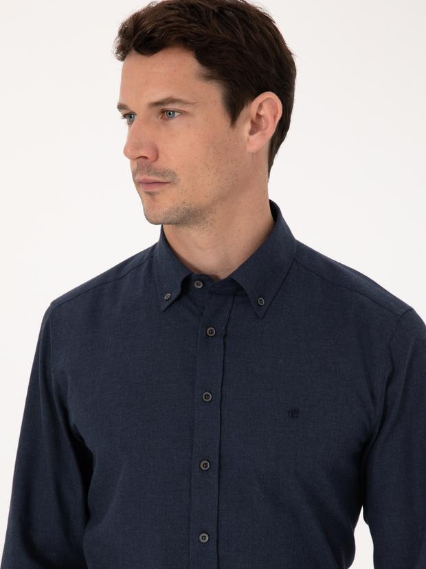 Lacivert Slim Fit %100 Pamuk Yakası Düğmeli Flanel Gömlek