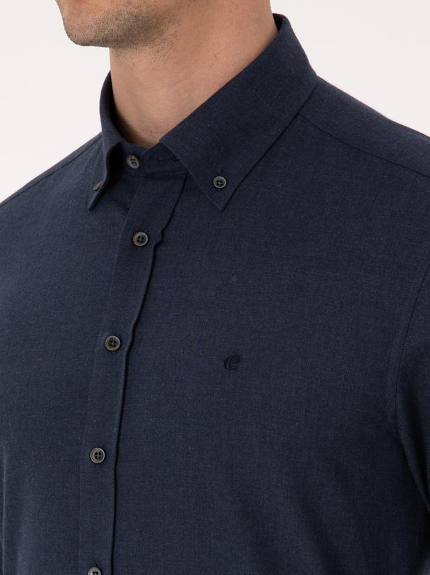 Lacivert Slim Fit %100 Pamuk Yakası Düğmeli Flanel Gömlek