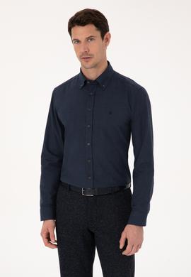 Lacivert Slim Fit %100 Pamuk Yakası Düğmeli Flanel Gömlek