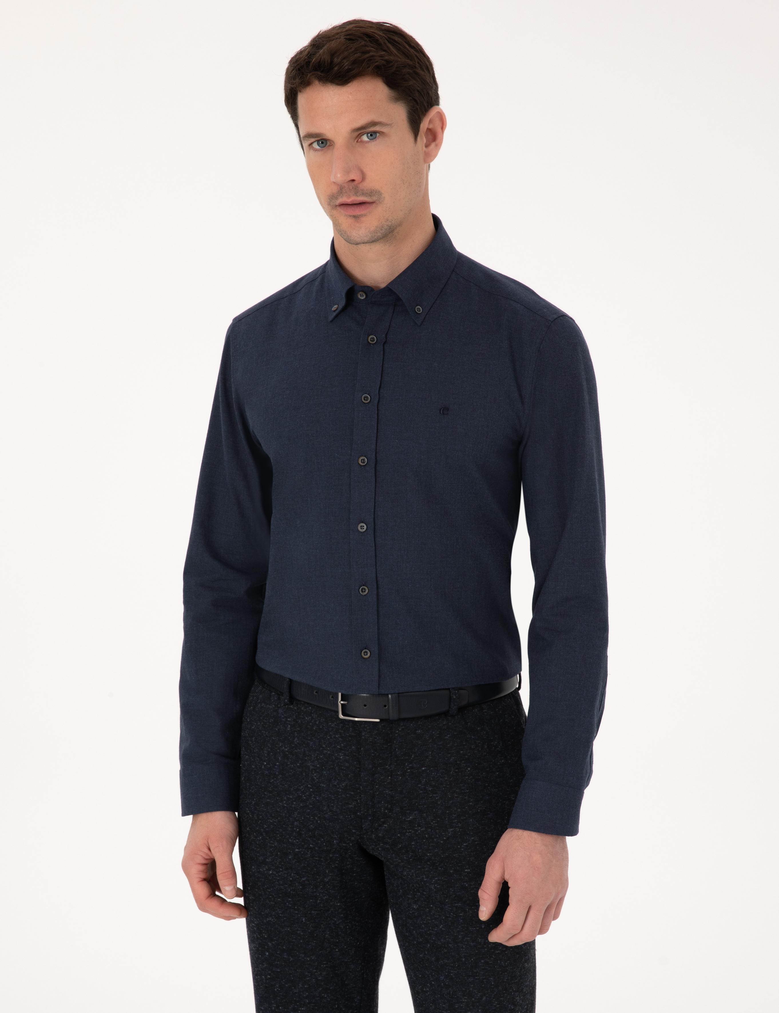 Lacivert Slim Fit %100 Pamuk Yakası Düğmeli Flanel Gömlek - 50313122136