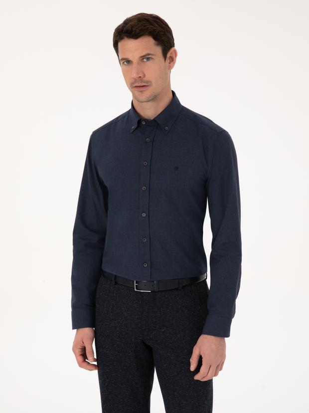 Lacivert Slim Fit %100 Pamuk Yakası Düğmeli Flanel Gömlek
