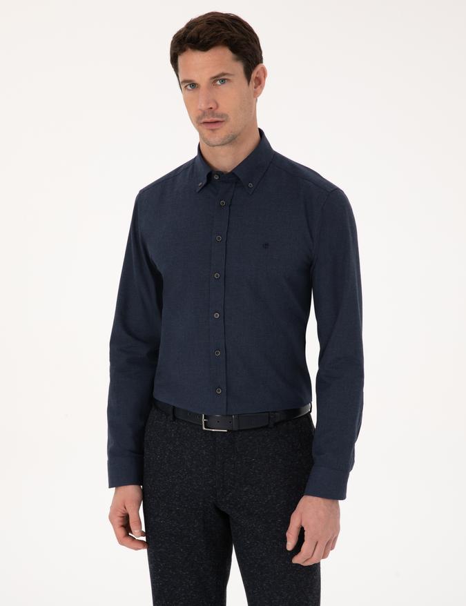 Lacivert Slim Fit %100 Pamuk Yakası Düğmeli Flanel Gömlek