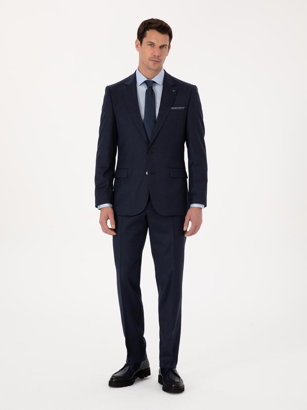 Lacivert Slim Fit Yün Karışımlı Mikro Desenli Klasik Ceket