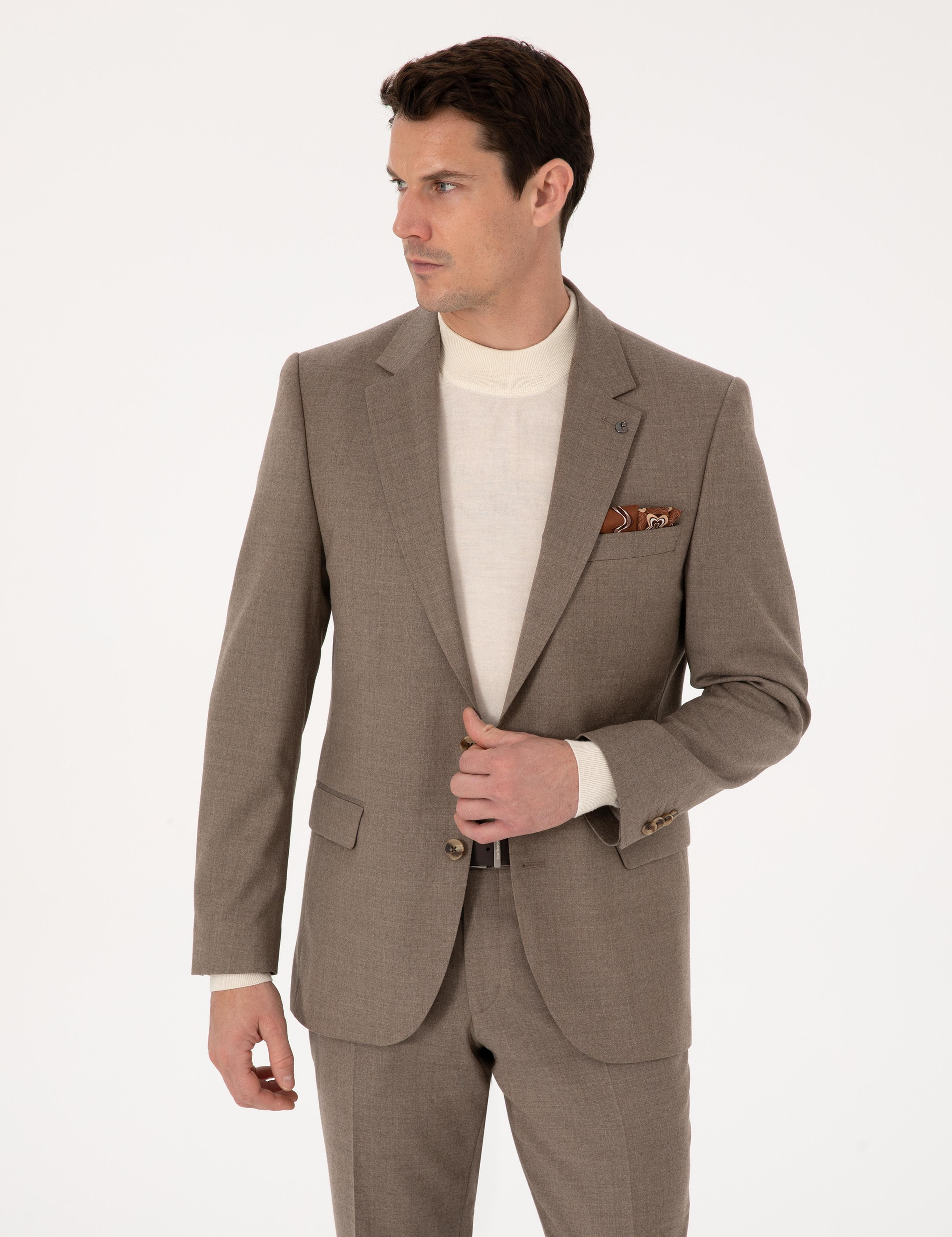Camel Slim Fit Yün Karışımlı Mikro Desenli Klasik Ceket - 50310061218