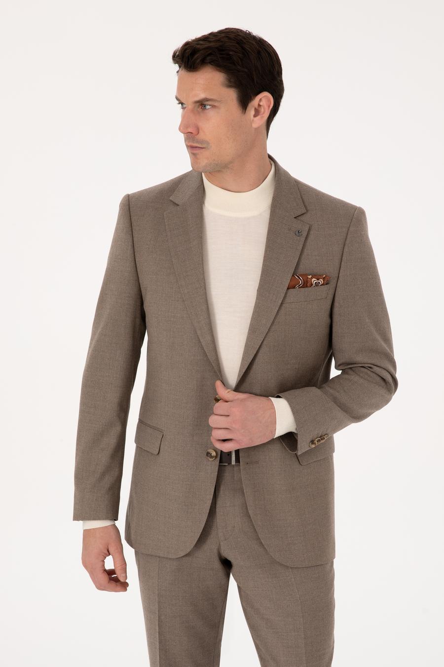 Camel Slim Fit Yün Karışımlı Mikro Desenli Klasik Ceket - 50310061218