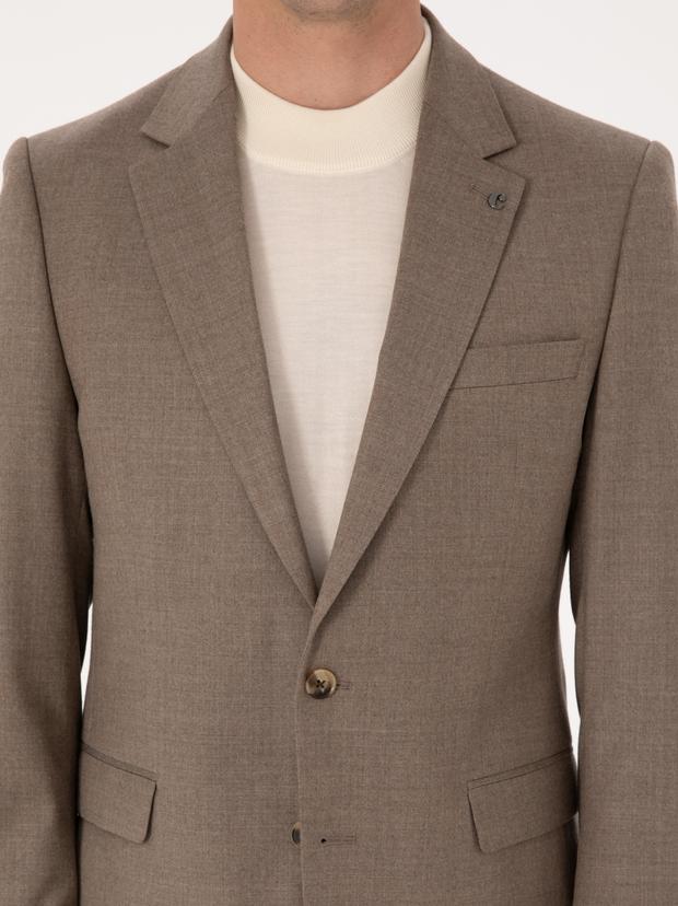 Camel Slim Fit Yün Karışımlı Mikro Desenli Klasik Ceket
