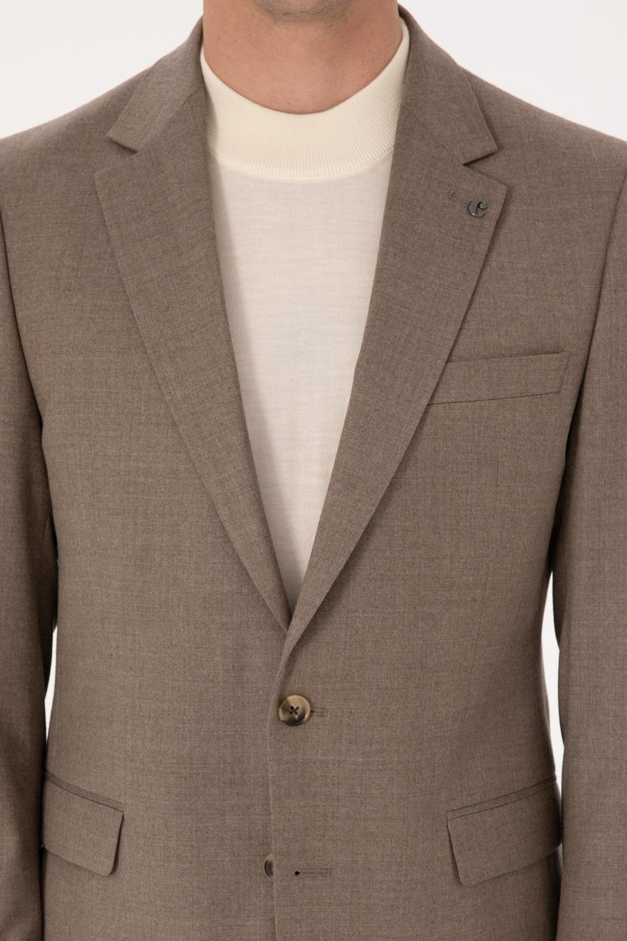 Camel Slim Fit Yün Karışımlı Mikro Desenli Klasik Ceket - 50310061218