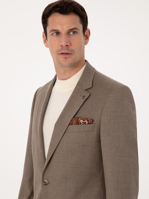 Camel Slim Fit Yün Karışımlı Mikro Desenli Klasik Ceket