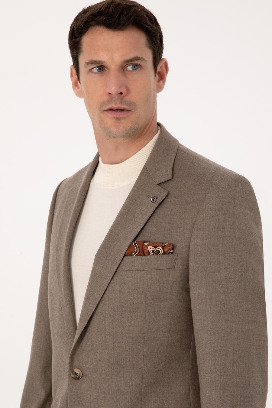 Camel Slim Fit Yün Karışımlı Mikro Desenli Klasik Ceket - 50310061218