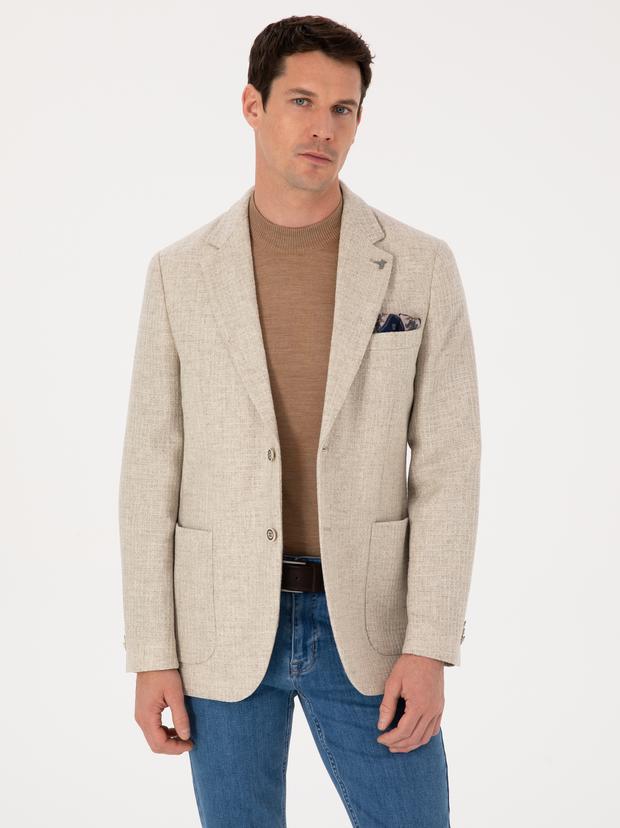 Bej Slim Fit Yün Kaşmir Karışımlı Mikro Desenli Ceket